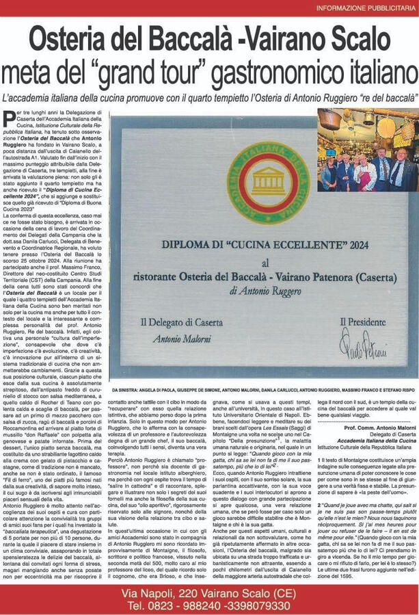 Diploma Accademia Italiana della Cucina premia Osteria del Baccalà